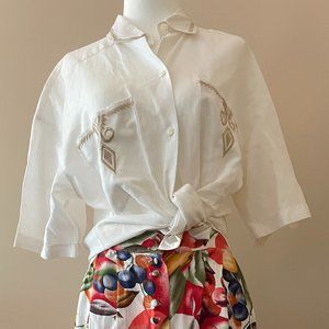 Vintage Linen Blouse Short Sleeve Button Down White 80s does 50s